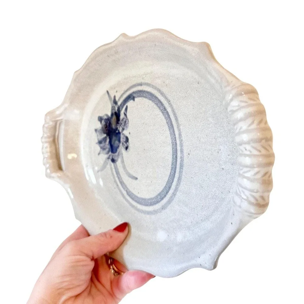 Vintage Blue Botanical Hand Painted Artisan Pottery Tray ~ 12.5